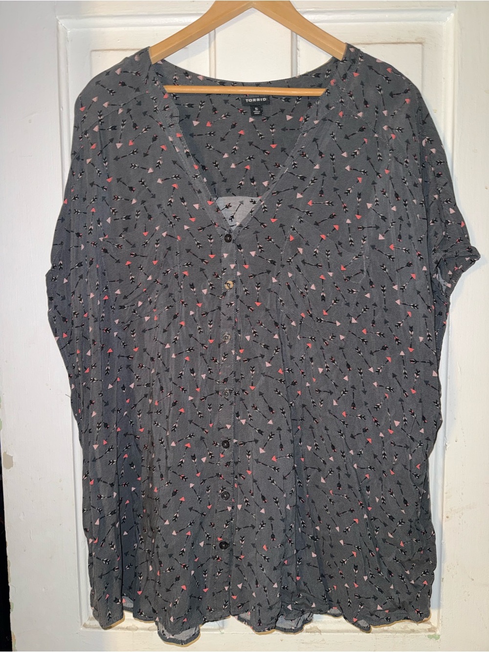 torrid Charcoal Button-Front Blouse with Pink Accent Print